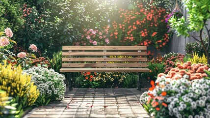 Wall Mural - Wooden bench in lush, colorful garden with various flowers under sunlight