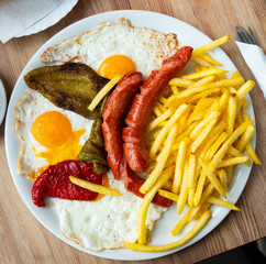 Wall Mural - Sausages with fried eggs, potatoes and peppers served for breakfast