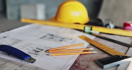 Aufkleber - Architecture, equipment and blueprint with ruler or helmet for floor plan, renovation sketch and building design. Paperwork, drawing and scale for construction site, development and project process