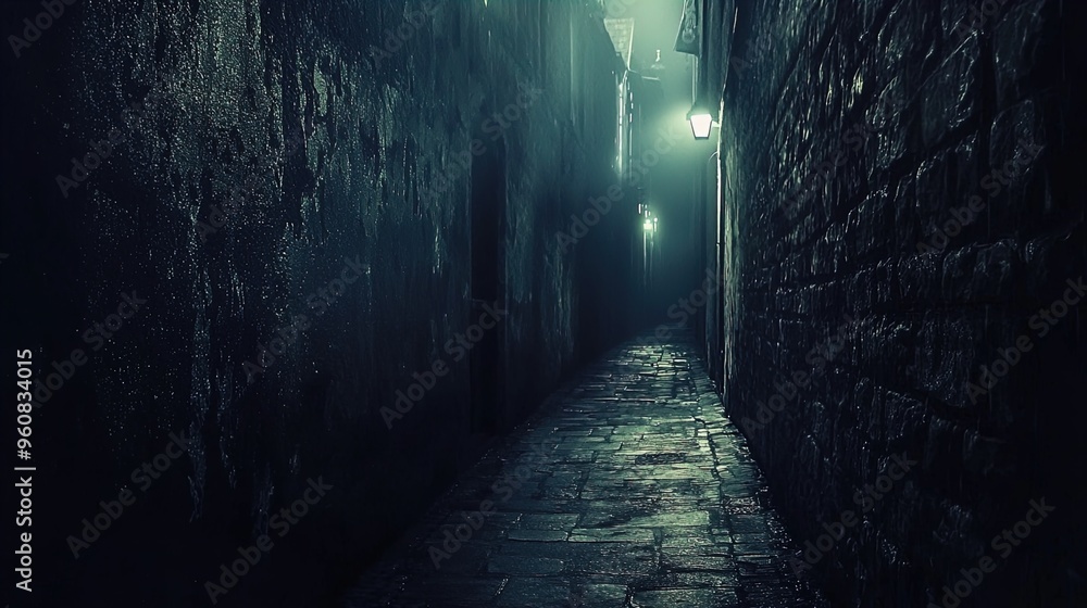 A narrow, dark alleyway is dimly lit by a series of old-fashioned street lamps. The cobblestone path glistens with moisture, suggesting recent rainfall. The walls on either side are old and worn, with