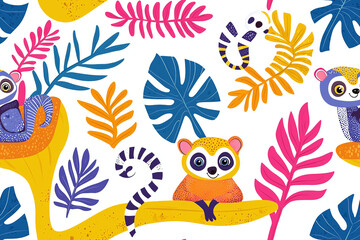 Seamless pattern of cute cartoon lemurs and chameleons among colorful tropical leaves