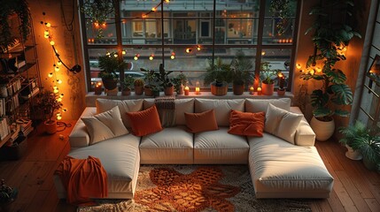 Cozy living room with a white sectional sofa, a large window with city views, and string lights