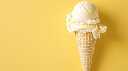 Wall Mural - Scoop of vanilla ice cream in waffle cone against yellow background