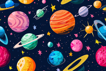 Seamless pattern of celestial bodies including planets, moons, and asteroids in a retro sci-fi style