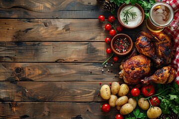 Wall Mural - Grilled Chicken with Potatoes, Tomatoes, and Beer