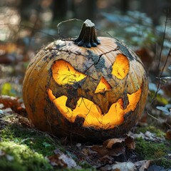 Wall Mural - Glowing jack-o-lantern sits among fallen leaves in a forest at dusk