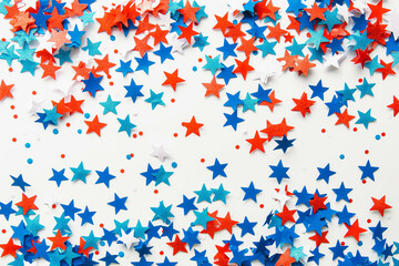 4th of July American Independence Day. Happy Independence Day. Red, blue and white star confetti, paper decorations on white background. Flat lay, top view, copy space, banner