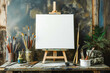 © MVProductions - Art painting easel with blank white canvas painters brushes and paint tools with copyspace
