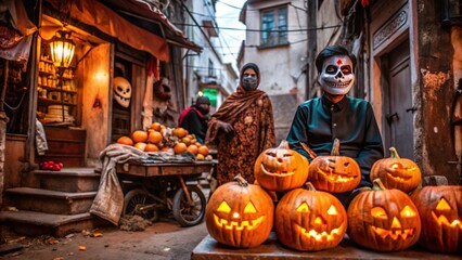 Halloween in India Holiday Pumpkin ghost witch candy mask black cat skeleton vampire zombie bat costume spider web cemetery full moon haunted house horror spell darkness bloodcurdling Background Wallp