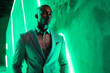 © Blockbits - Mens Light Gray Suit with Solid Neon Green Fashionable Lifestyle Portrait in Trendy Background