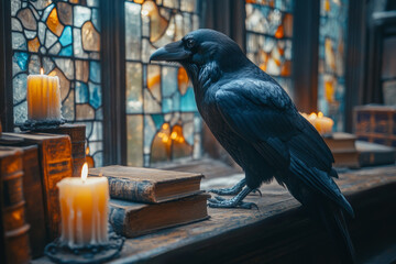 raven standing in front of a stained-glass window with candles and old books