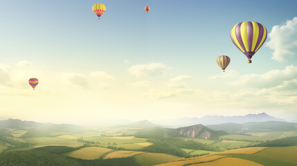 Poster - Colorful Hot Air Balloons Drifting Above Expansive Fields at Sunrise