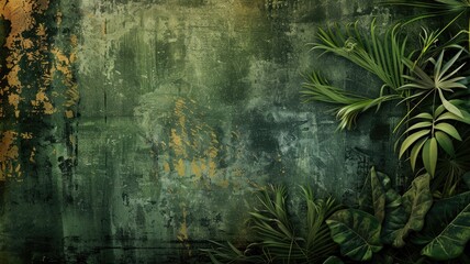 Abstract grunge background with tropical foliage at right edge