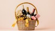 © F - Luxuriously arranged gift hamper featuring fine wine bottles, wrapped gifts, and designer decorations in a wicker basket. Perfect for festive celebrations, elegant gift-giving, and special occasions