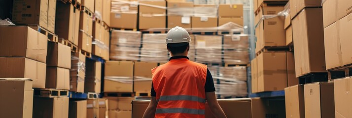 Wall Mural - Asian man assessing cardboard boxes within a logistics distribution center for export and manufacturing activities.