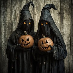 Wall Mural - Mysterious figures holding carved pumpkins in a spooky Halloween setting