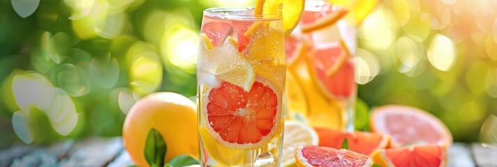 Poster - Refreshing summer lemonade featuring slices of grapefruit, lemon, and orange, a cold and healthy beverage infused with citrus fruits.