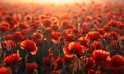 Canvas Print - A vibrant field of poppies in full bloom, their brilliant red petals glowing in the warm sunlight. Video