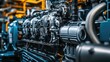 © Татьяна Макарова - Close-up of industrial engine with multiple metal components and complex machinery, showcasing engineering precision mechanical detail