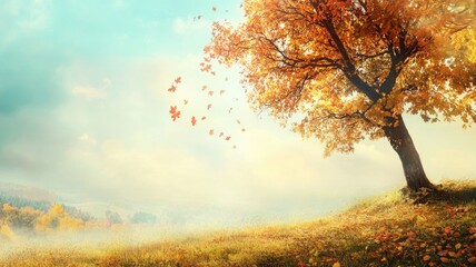 Wall Mural - Beautiful autumn tree on hill with falling leaves under blue sky