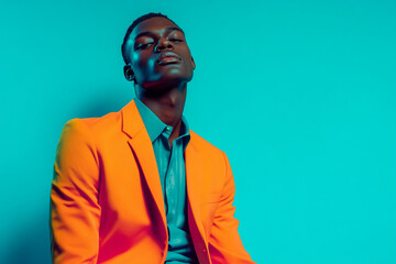 Trendy Mens Bright Orange Blazer with Solid Neon Blue Contemporary Lifestyle Portrait Featuring a Bold Neon Background