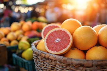 Wall Mural - Fresh Grapefruit in Wicker Basket at Farmers Market