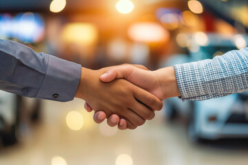 Wall Mural - Customer shake hand with auto insurance agents after agreeing to terms of insurance with blurred car on background