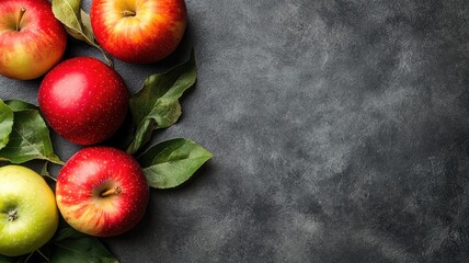 Fresh apples with green leaves on textured slate background