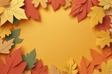 yellow fall paper background with yellow leaves , background with space for text autumnal