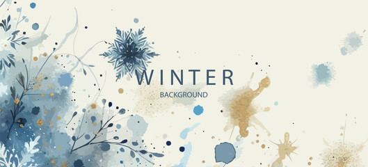 Wall Mural - Abstract art winter minimalistic background with brush texture and flying snowflakes. Christmas background. Hand-painted natural art with glowing elements . Winter border with landscape