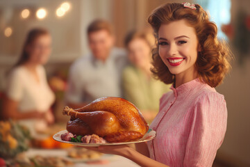 Wall Mural - vintage picture of smiling pin up retro woman housewife holding juicy roasted turkey for thanksgiving on background of family and table with food, generative AI