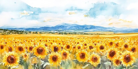 Sticker - Sunflower field, bright blooms, endless horizon, Watercolor style 