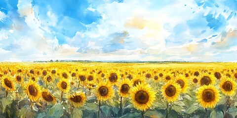 Wall Mural - Sunflower field, bright blooms, endless horizon, Watercolor style 