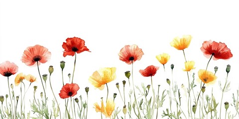 Wall Mural - Watercolor painting of red and yellow poppies blooming in a field with a white background