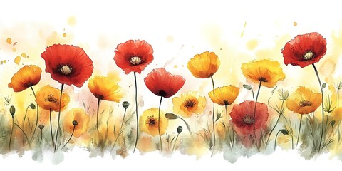 Wall Mural - Watercolor painting of red and yellow poppies blooming in a field with a white background