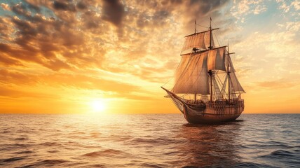 Wall Mural - Majestic sailing ship on ocean at sunset with dramatic sky