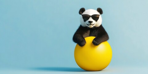 Canvas Print - summer minimal concept panda in sunglasses sitting on a yellow object