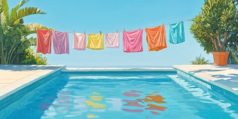 Poster - A realistic painting featuring a swimming pool with colorful clothes hanging on a clothesline, capturing a vibrant scene of a summer day 