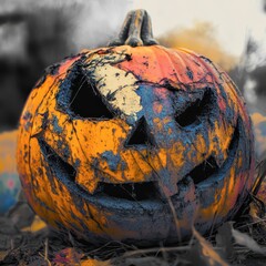 Poster - Vintage carved pumpkin stands in a field during autumn season