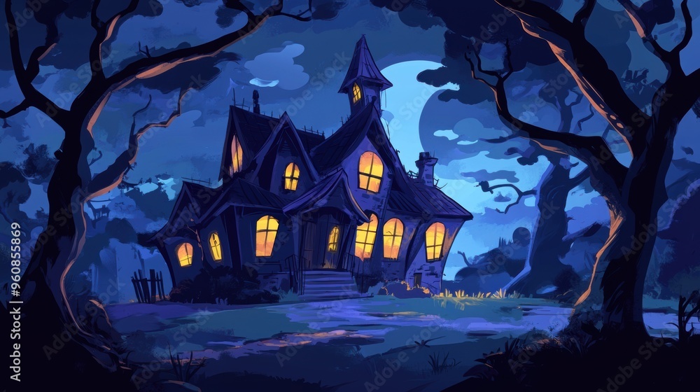 Haunted house with spooky glowing windows jagged roof and eerie trees ...