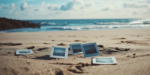 Canvas Print - polaroid photos thrown on the beach sand 