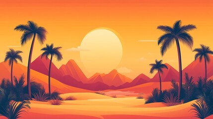 Retro Desert Oasis Cartoon Illustration with Palm Trees and Bright Colors in Style