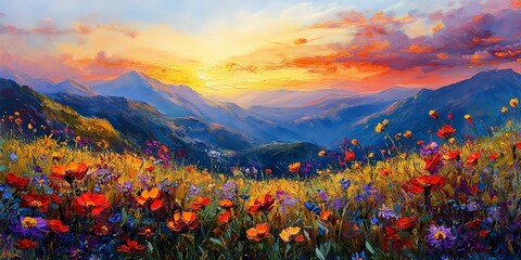 Wall Mural - Colorful wildflowers against the stunning sunrise in captivating oil painting landscape view