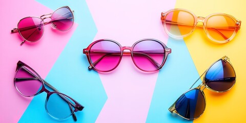 Stylish summer fashion accessories photo poster with various sunglasses on colorful background