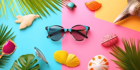 Stylish summer fashion accessories photo poster with various sunglasses on colorful background 