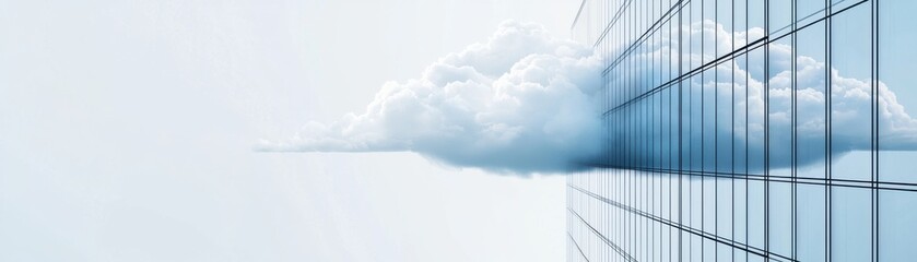 A surreal image of a cloud emerging from a modern glass building, combining nature and architecture in an artistic contrast.