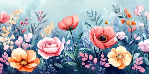 Wall Mural - An illustrated watercolor depiction of flowers, manually composed, representing the seasons of spring and summer