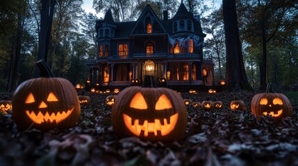 Wall Mural - Haunted house with a dark eerie atmosphere glowing jack-o-lanterns and spooky trees in the background