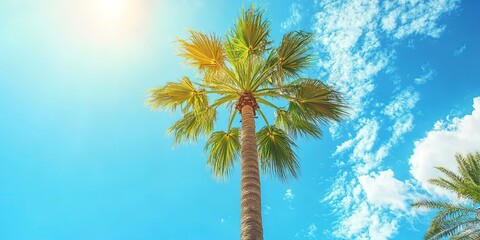 low angle view of exotic palm tree against blue sky, spring, summer background