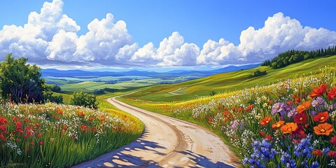 Wall Mural - A winding country road lined with blooming wildflowers and lush green fields, stretching towards the horizon under a sky dotted with fluffy white clouds.